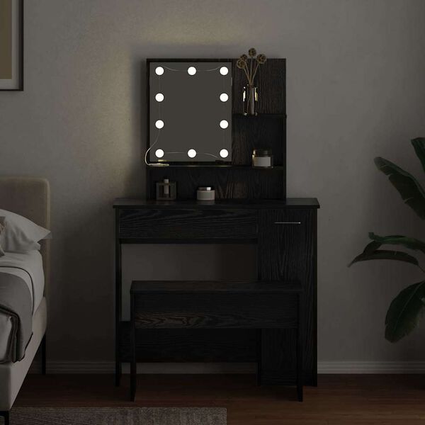 vidaXL LED Schminktisch Set 2 pcs Schwarz Eichen-Optik Holzwerkstoff