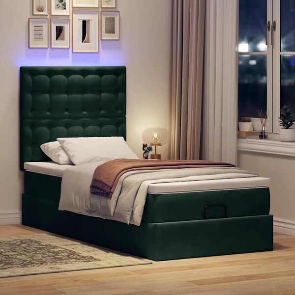 vidaXL Ottoman-Bett mit Matratzen & LEDs Dunkelgr&uuml;n 100x200 cm Samt