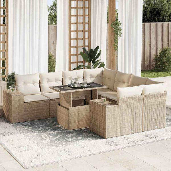 vidaXL 9-tlg. Garten-Sofagarnitur mit Kissen Beige Poly Rattan