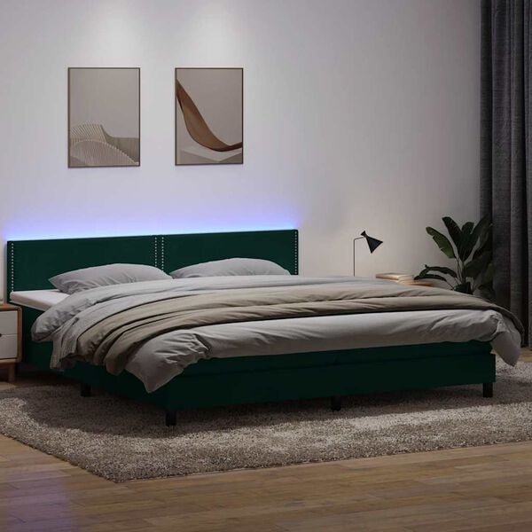 vidaXL Boxspringbett mit Matratze & LED Dunkelgr&uuml;n 180x220 cm Samt