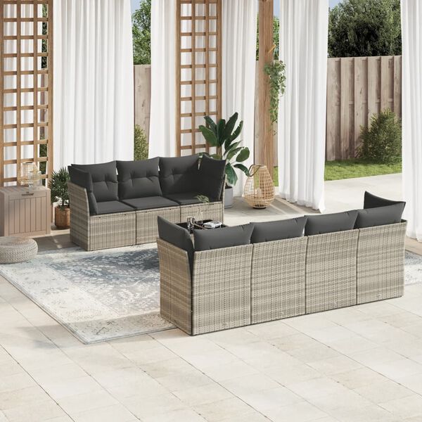 vidaXL 8-tlg. Garten-Sofagarnitur mit Kissen Hellgrau Poly Rattan