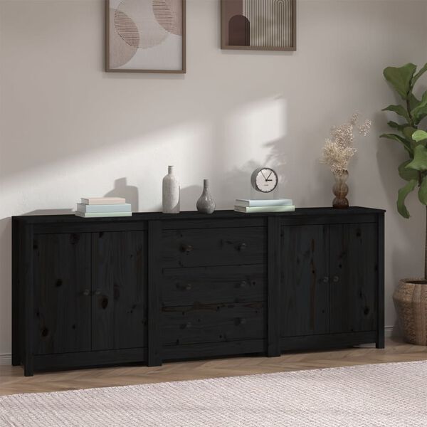 vidaXL Sideboard Schwarz 210x35x80 cm Massivholz Kiefer