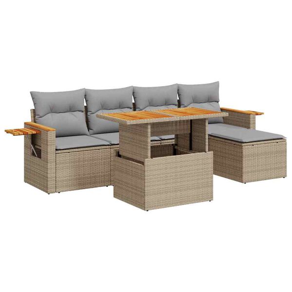 vidaXL 6-tlg. Garten-Sofagarnitur mit Kissen Beige Poly Rattan Akazie