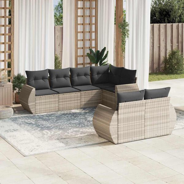 vidaXL 7-tlg. Garten-Sofagarnitur mit Kissen Hellgrau Poly Rattan