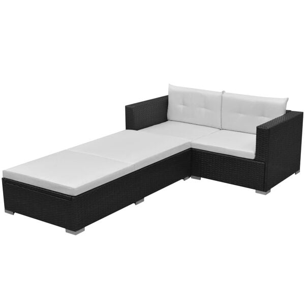vidaXL 3-tlg. Garten-Lounge-Set mit Auflagen Poly Rattan Schwarz