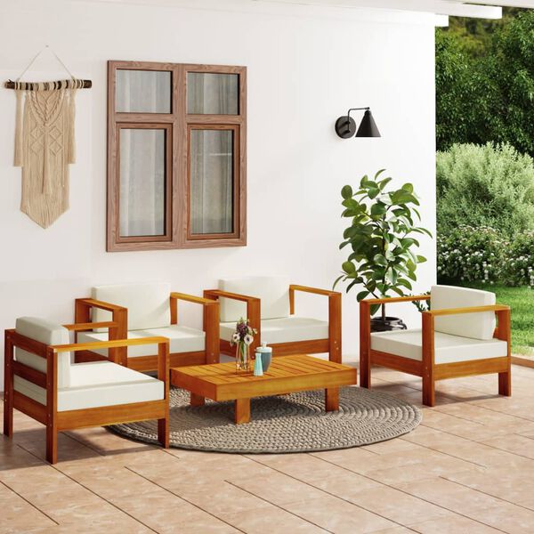 vidaXL 5-tlg. Garten-Lounge-Set mit Cremewei&szlig;en Kissen Massivholz