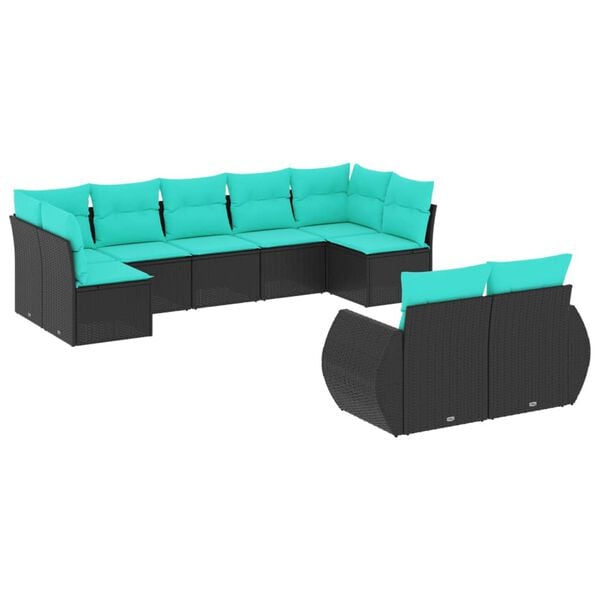 vidaXL 9-teiliges Gartensofa-Set mit Kissen, schwarzes Polyrattan