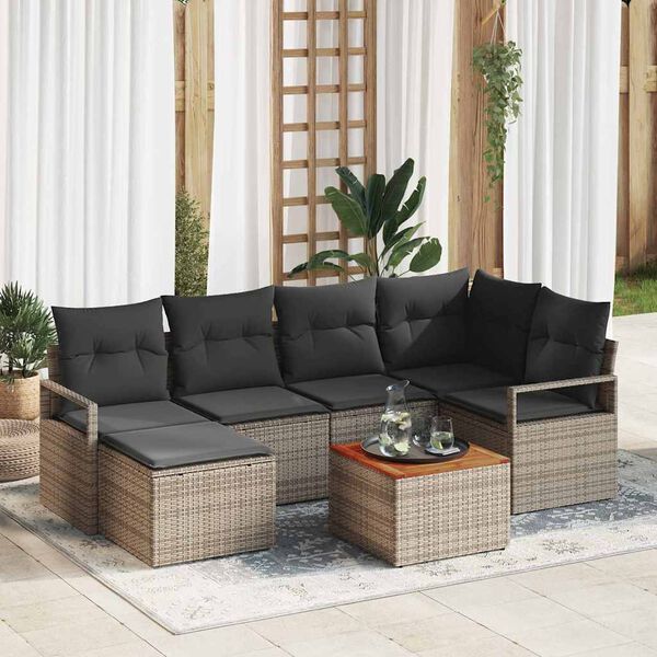 vidaXL Garten-Sofa-Set mit Kissen 7 pcs Grau Poly Rattan