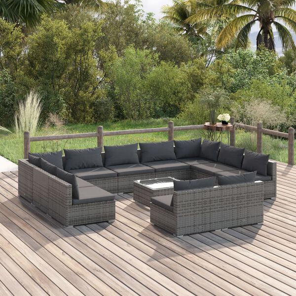 vidaXL 12-tlg. Garten-Lounge-Set mit Kissen Grau Poly Rattan