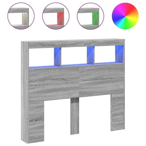 vidaXL LED-Kopfteil mit Ablagen Grau Sonoma 120x17x102 cm