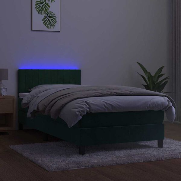 vidaXL Boxspringbett mit Matratze & LED Dunkelgr&uuml;n 90x190 cm Samt
