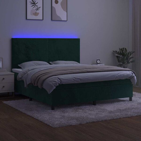 vidaXL Boxspringbett mit Matratze & LED Dunkelgr&uuml;n 160x200 cm Samt
