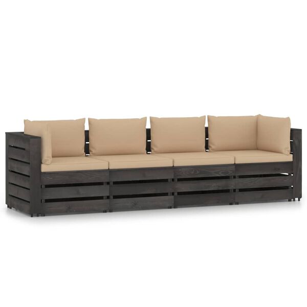 vidaXL 4-Sitzer Outdoor-Sofa mit Kissen Grau Impr&auml;gniertes Holz