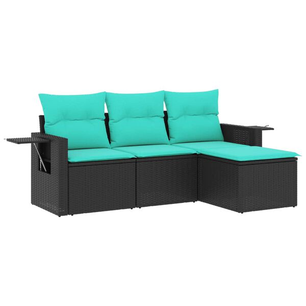 vidaXL 4-teiliges Gartensofa-Set mit Kissen, schwarzes Polyrattan