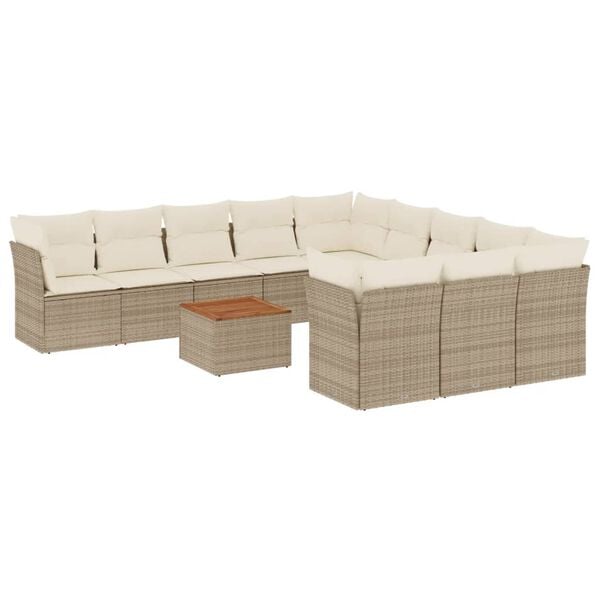 vidaXL 12-tlg. Garten-Sofagarnitur mit Kissen Beige Poly Rattan