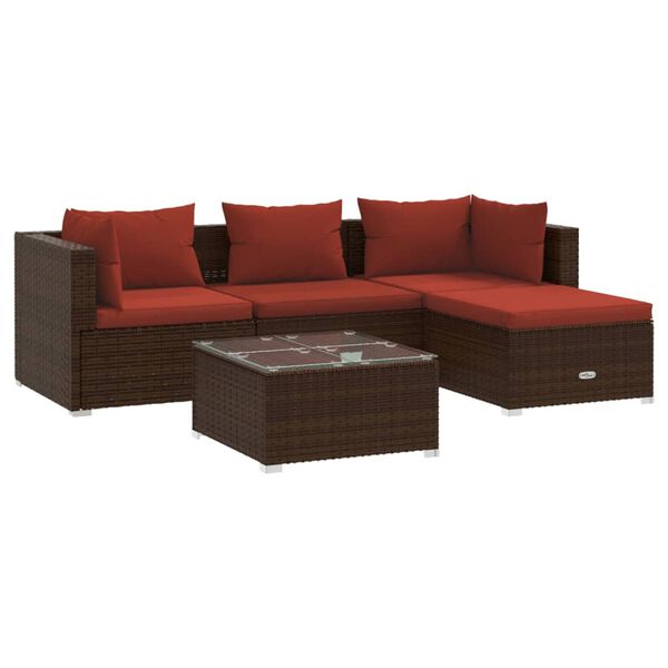 vidaXL 5-tlg. Garten-Lounge-Set mit Kissen Poly Rattan Braun