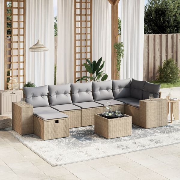 vidaXL 8-tlg. Garten-Sofagarnitur mit Kissen Beige Poly Rattan