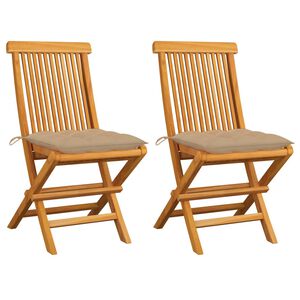 vidaXL Klappst&uuml;hle mit beigen Kissen, 2 St&uuml;ck, Massivholz Teakholz