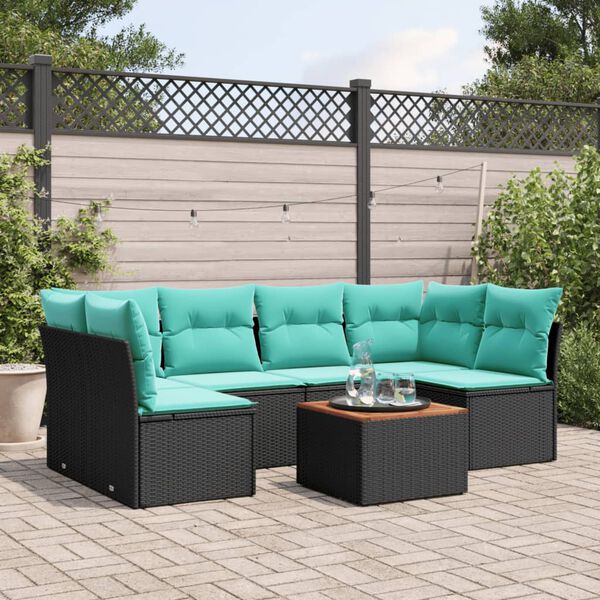 vidaXL 7-tlg. Garten-Sofagarnitur mit Kissen Schwarz Poly Rattan