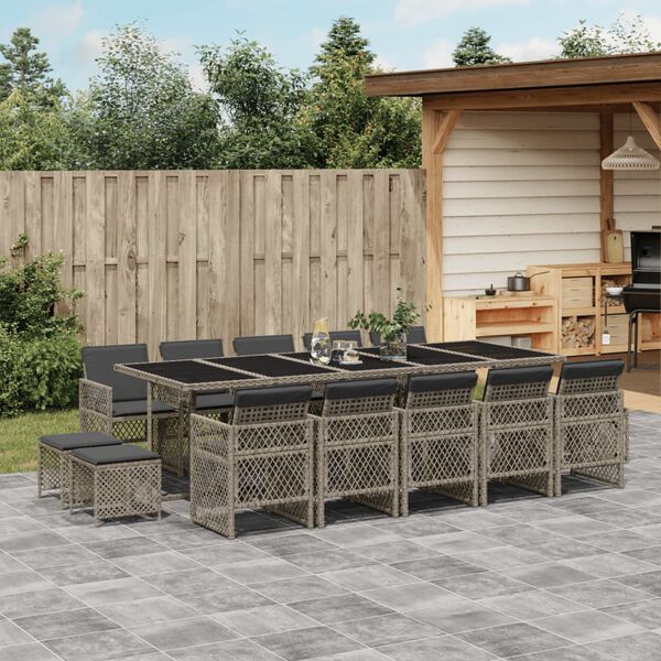 vidaXL 15-tlg. Garten-Essgruppe mit Kissen Grau Poly Rattan