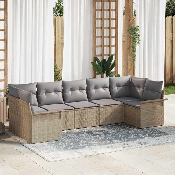 vidaXL Garten-Sofa-Set mit Kissen mit Speicher 7 pcs Beige Poly Rattan
