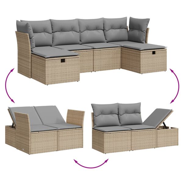 vidaXL 6-tlg. Garten-Sofagarnitur mit Kissen Beige Poly Rattan