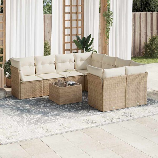 vidaXL 9-tlg. Garten-Sofagarnitur mit Kissen Beige Poly Rattan