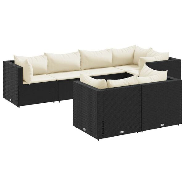 vidaXL 7-tlg. Garten-Lounge-Set mit Kissen Schwarz Poly Rattan