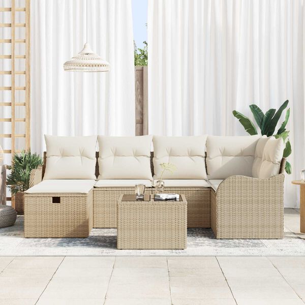 vidaXL Garten-Sofa-Set mit Kissen mit Speicher 7 pcs Beige Poly Rattan