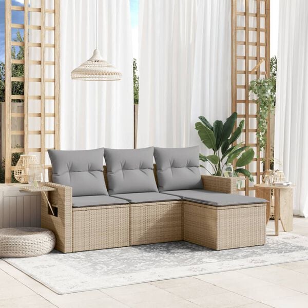 vidaXL 4-tlg. Garten-Sofagarnitur mit Kissen Beige Poly Rattan