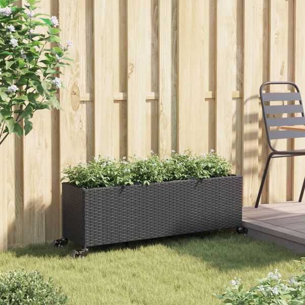 vidaXL Hochbeet mit Rollen & 3 F&auml;chern Schwarz 107x32x38cm Poly Rattan