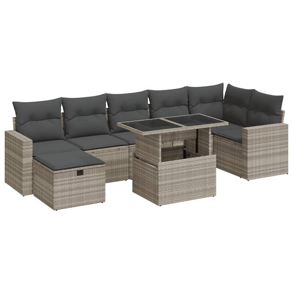 vidaXL 8-tlg. Garten-Sofagarnitur mit Kissen Hellgrau Poly Rattan