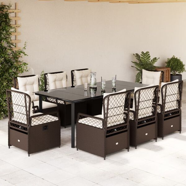 vidaXL 9-tlg. Garten-Essgruppe mit Kissen Braun Poly Rattan