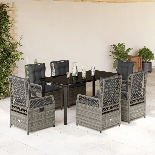 vidaXL 7-tlg. Garten-Essgruppe mit Kissen Grau Poly Rattan