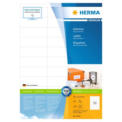 HERMA Etiketten PREMIUM Permanent Haftend A4 70x25,4 mm 100 Blätter