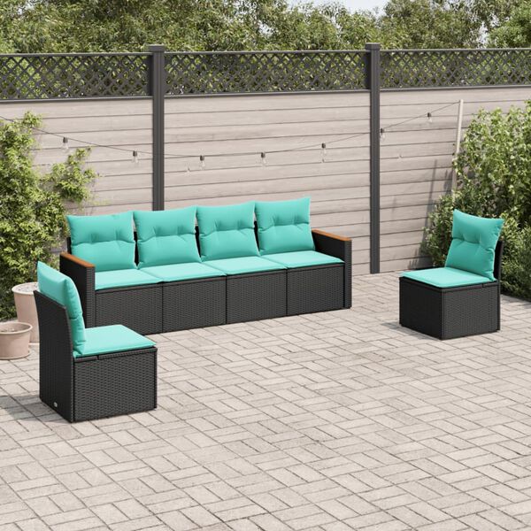 vidaXL 6-teiliges Gartensofa-Set mit Kissen, schwarzes Polyrattan