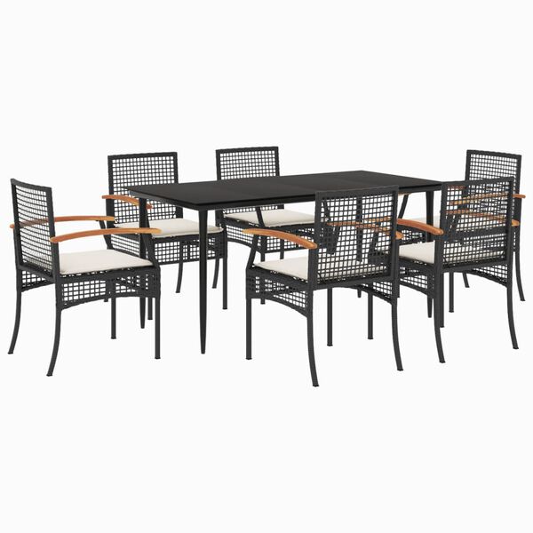 vidaXL 7-tlg. Garten-Essgruppe mit Kissen Schwarz Poly Rattan