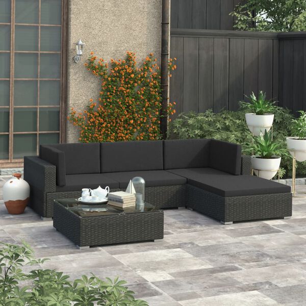 vidaXL 5-tlg. Garten-Lounge-Set mit Auflagen Poly Rattan Schwarz
