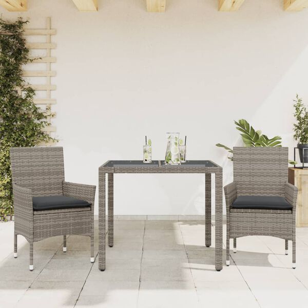 vidaXL 3-tlg. Garten-Essgruppe mit Kissen Grau Poly Rattan und Glas