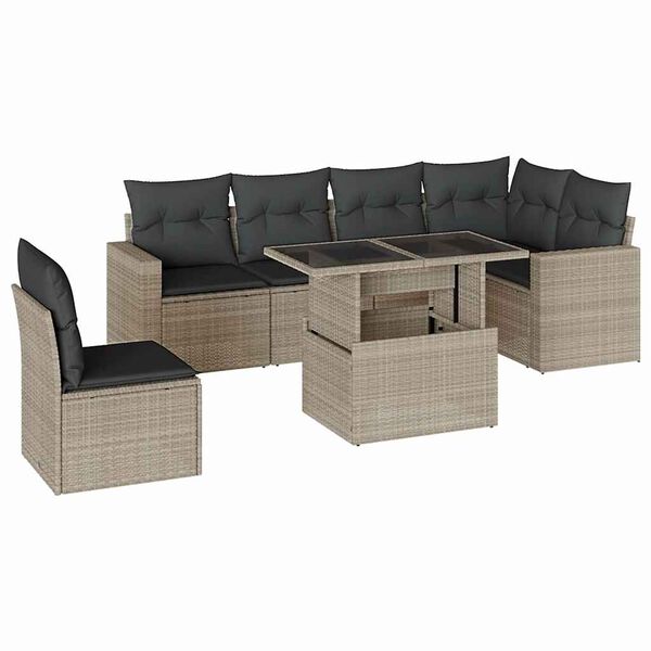 vidaXL 7-tlg. Garten-Sofagarnitur mit Kissen Hellgrau Poly Rattan