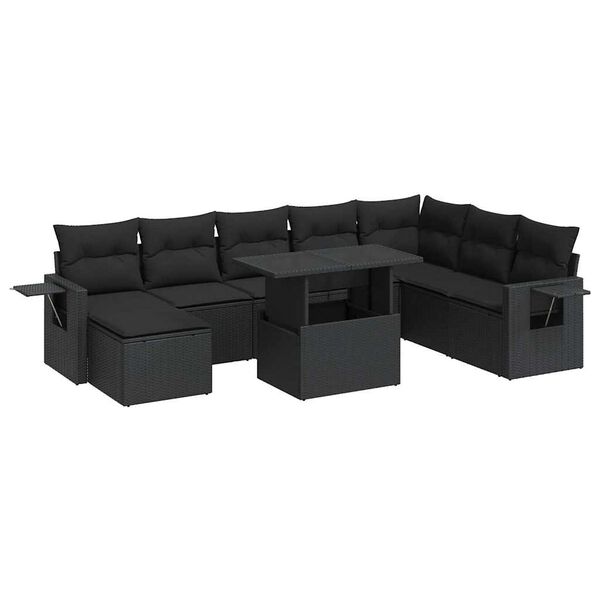 vidaXL 9-tlg. Garten-Sofagarnitur mit Kissen Schwarz Poly Rattan