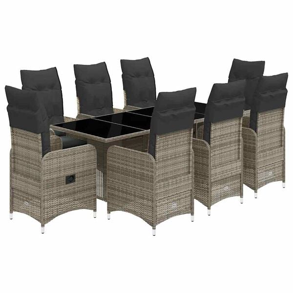 vidaXL 9-tlg. Garten-Bistro-Set mit Kissen Grau Poly Rattan