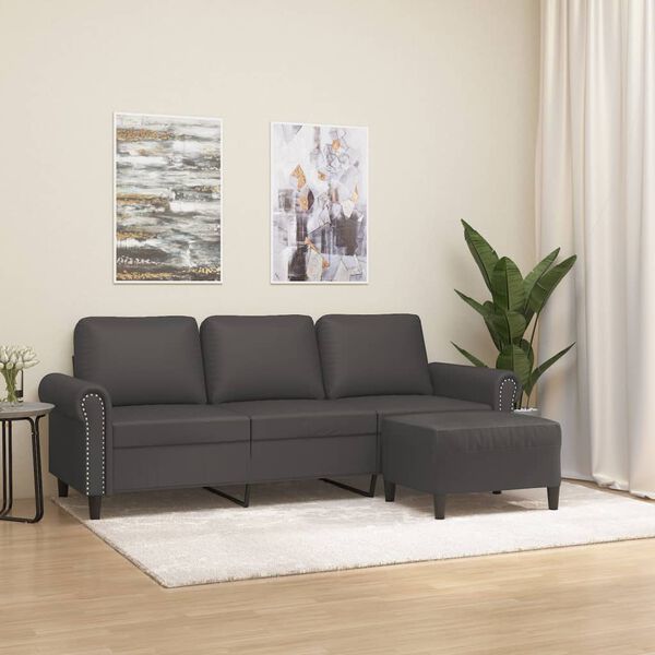 vidaXL 3-Sitzer-Sofa mit Hocker Grau 180 cm Kunstleder