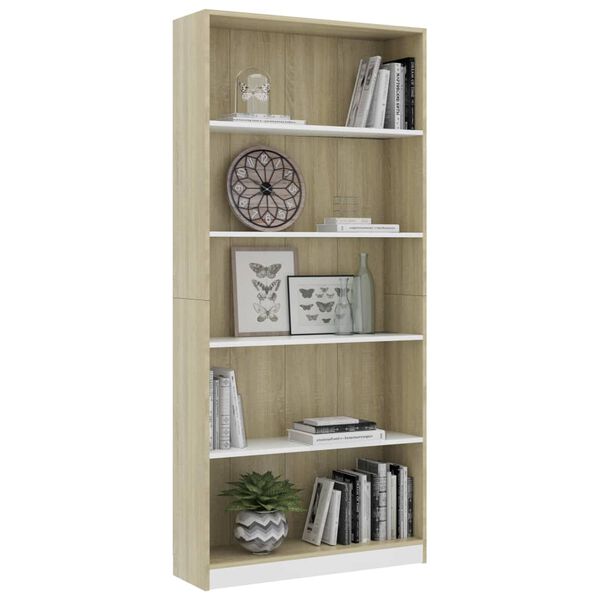 vidaXL B&uuml;cherregal 5 F&auml;cher Wei&szlig; Sonoma-Eiche 80x24x175 Holzwerkstoff
