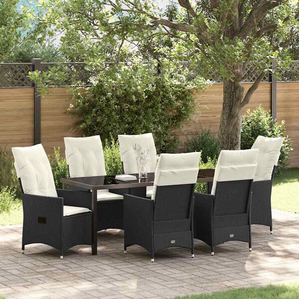 vidaXL Garten Essgruppe mit Kissen 7 pcs Schwarz Poly-Rattan