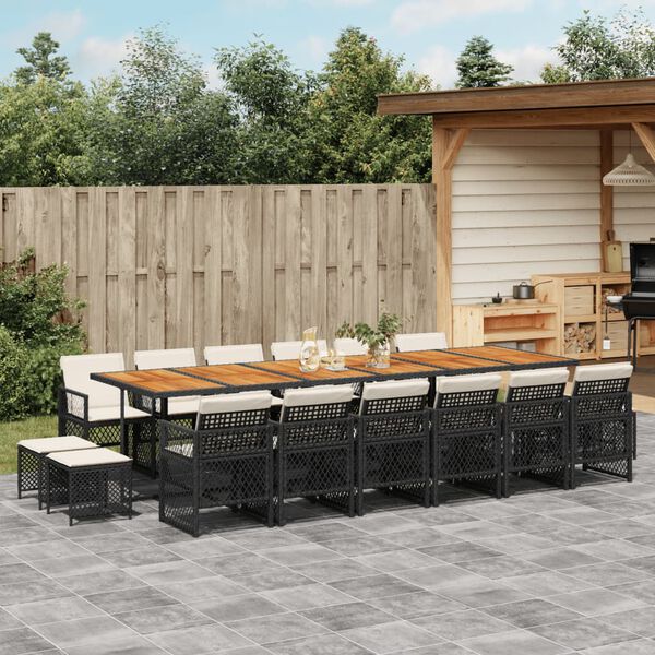 vidaXL 17-tlg. Garten-Essgruppe mit Kissen Schwarz Poly Rattan