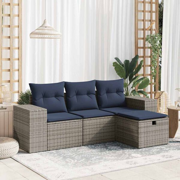 vidaXL 4-tlg. Garten-Sofagarnitur mit Kissen Grau Poly Rattan