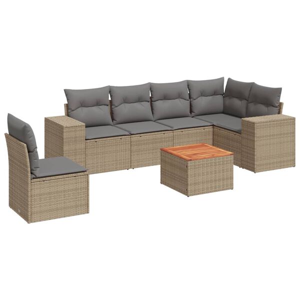 vidaXL 7-tlg. Garten-Sofagarnitur mit Kissen Beige Poly Rattan
