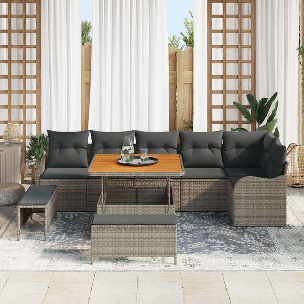 vidaXL Garten-Sofa-Set mit Kissen mit Speicher mit Kissen 9 pcs Grau