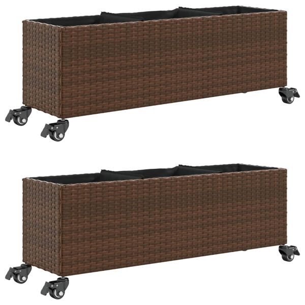vidaXL Pflanzk&uuml;bel mit Rollen 2 Stk. Braun 107x32x38 cm Poly Rattan